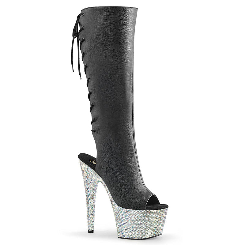 Pleaser BEJEWELED-2018-7 Platform Knee High Boot (Black Faux Leather/Silver AB Rhinestone)
