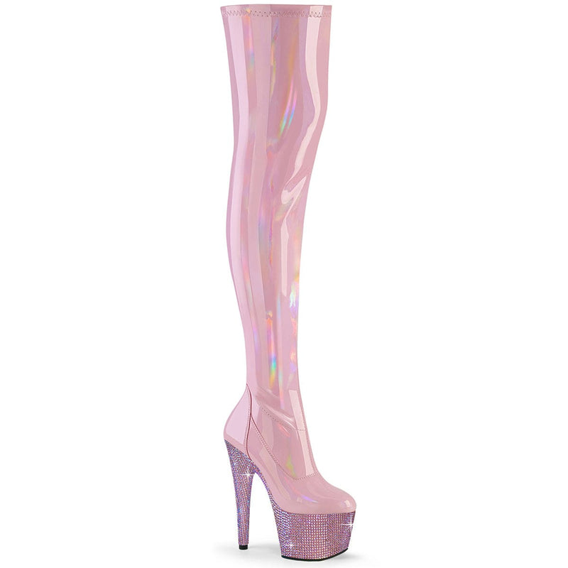 Pleaser BEJEWELED-3000-7 Platform Thigh High Boot (Baby Pink Stretch Holo Patent/Baby Pink AB Rhinestone)