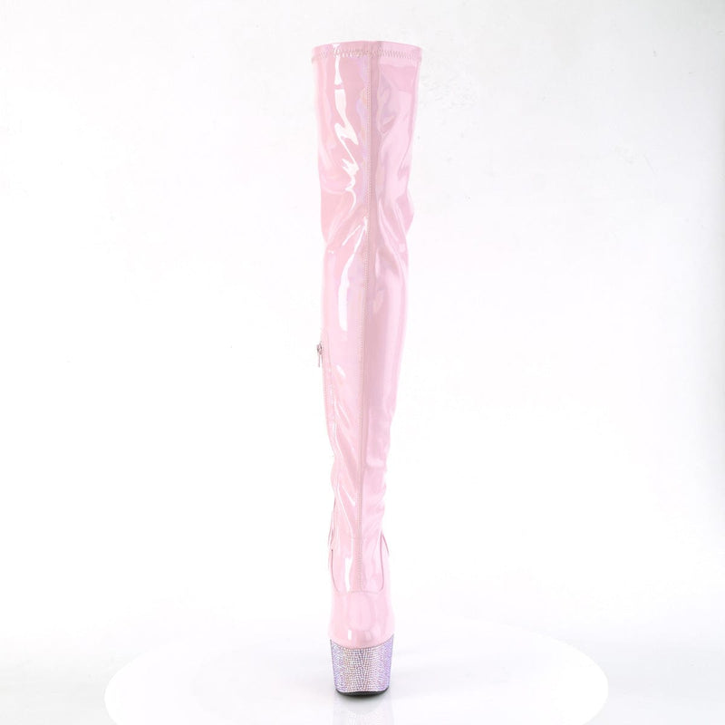 Pleaser BEJEWELED-3000-7 Platform Thigh High Boot (Baby Pink Stretch Holo Patent/Baby Pink AB Rhinestone)