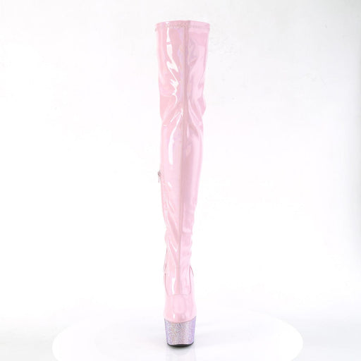 Pleaser BEJEWELED-3000-7 Platform Thigh High Boot (Baby Pink Stretch Holo Patent/Baby Pink AB Rhinestone)