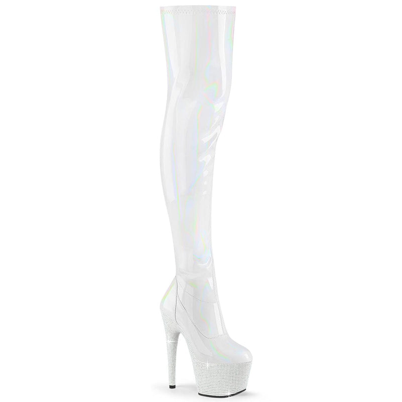 Pleaser BEJEWELED-3000-7 Platform Thigh High Boot (White Stretch Holo Patent/White Rhinestone)