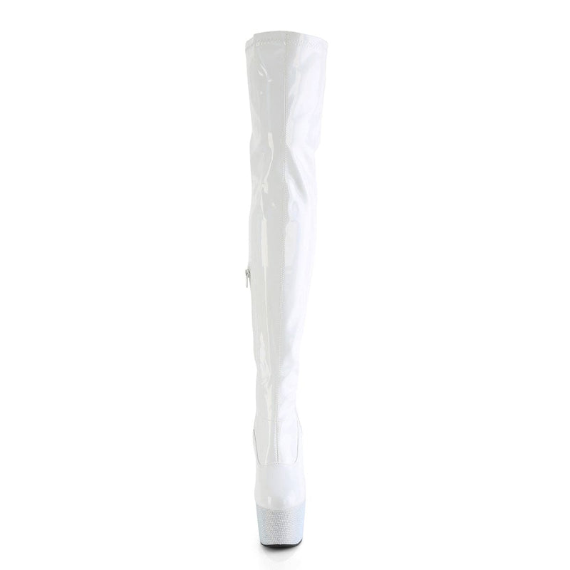 Pleaser BEJEWELED-3000-7 Platform Thigh High Boot (White Stretch Holo Patent/White Rhinestone)