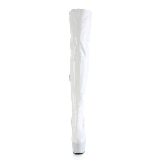 Pleaser BEJEWELED-3000-7 Platform Thigh High Boot (White Stretch Holo Patent/White Rhinestone)