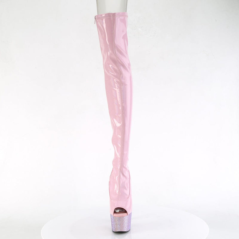 Pleaser BEJEWELED-3011-7 Platform Thigh High Boot (Baby Pink Stretch Holo Patent/Baby Pink AB Rhinestone)