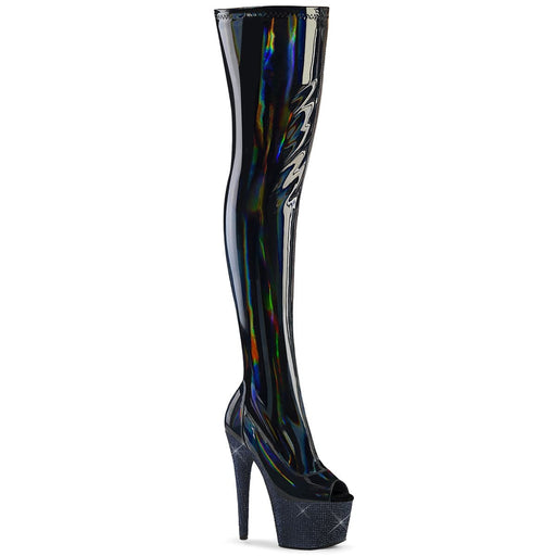 Pleaser BEJEWELED-3011-7 Platform Thigh High Boot (Black Stretch Holo Patent/Midnight Black Rhinestone)