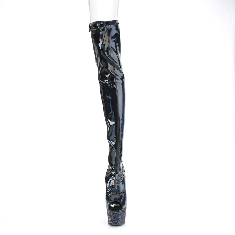 Pleaser BEJEWELED-3011-7 Platform Thigh High Boot (Black Stretch Holo Patent/Midnight Black Rhinestone)