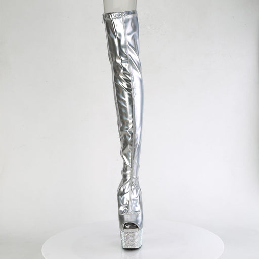 Pleaser BEJEWELED-3011-7 Platform Thigh High Boot (Silver Stretch Holo Patent/Silver AB Rhinestone)