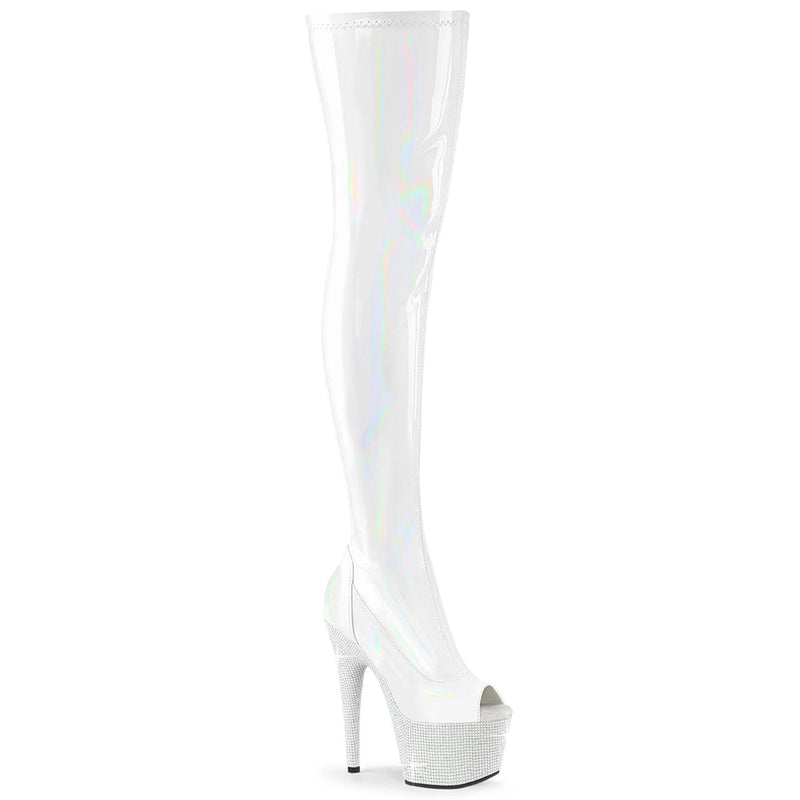 Pleaser BEJEWELED-3011-7 Platform Thigh High Boot (White Stretch Holo Patent/White Rhinestone)