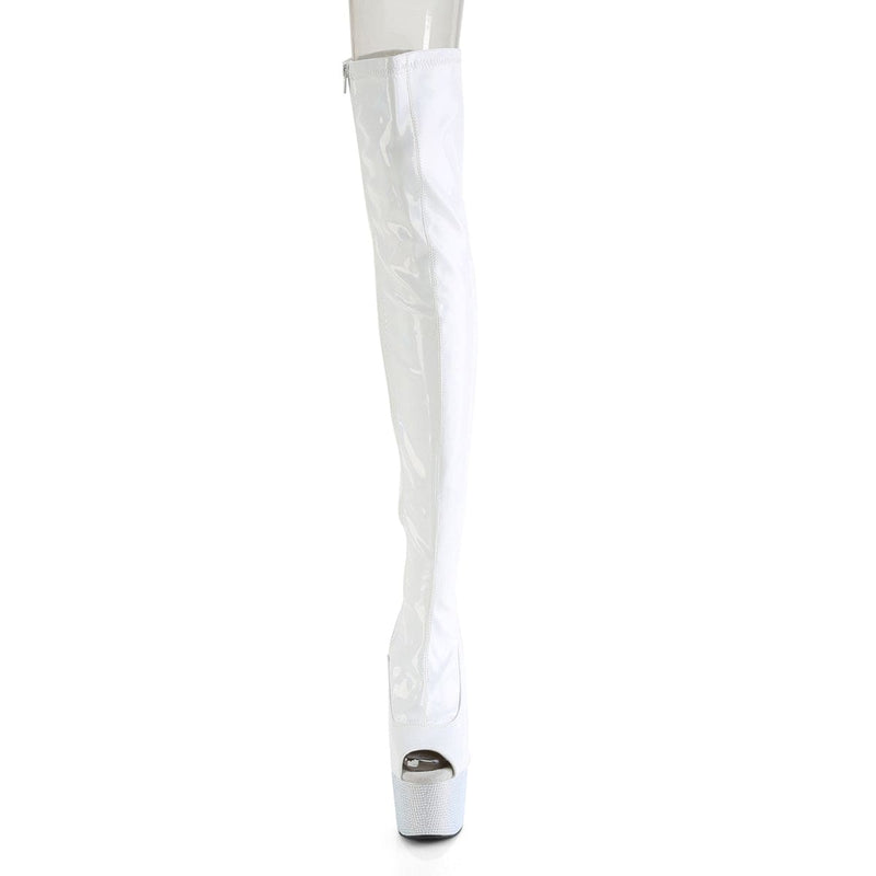 Pleaser BEJEWELED-3011-7 Platform Thigh High Boot (White Stretch Holo Patent/White Rhinestone)