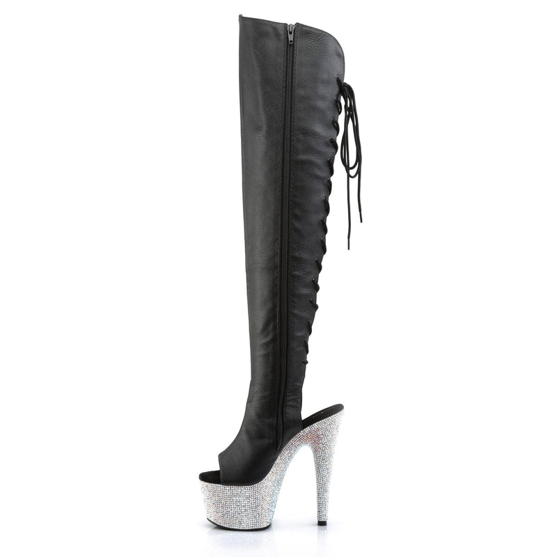 Pleaser BEJEWELED-3019DM-7 Platform Knee High Boot (Black Faux Leather/Silver Multi Rhinestone)