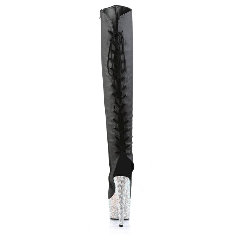 Pleaser BEJEWELED-3019DM-7 Platform Knee High Boot (Black Faux Leather/Silver Multi Rhinestone)