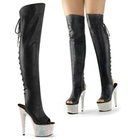 Pleaser BEJEWELED-3019DM-7 Platform Knee High Boot (Black Faux Leather/Silver Multi Rhinestone)