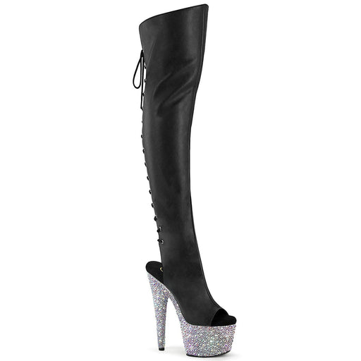 Pleaser BEJEWELED-3019MS-7 Platform Knee High Boot (Black Faux Leather/Silver AB Rhinestone)