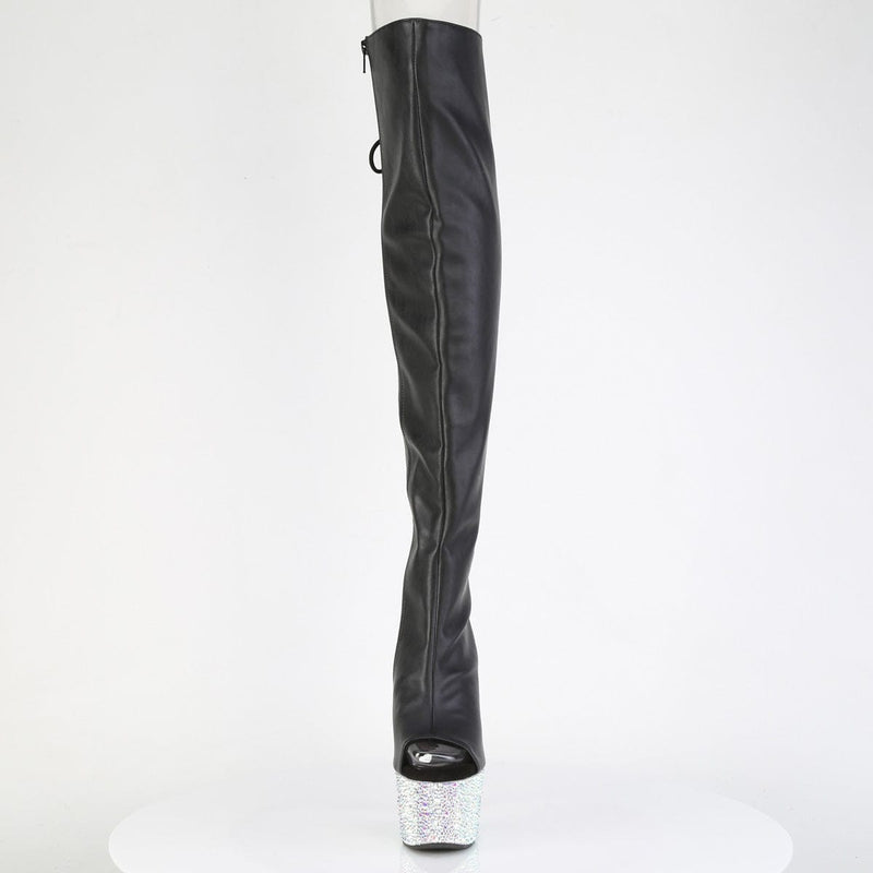Pleaser BEJEWELED-3019MS-7 Platform Knee High Boot (Black Faux Leather/Silver AB Rhinestone)