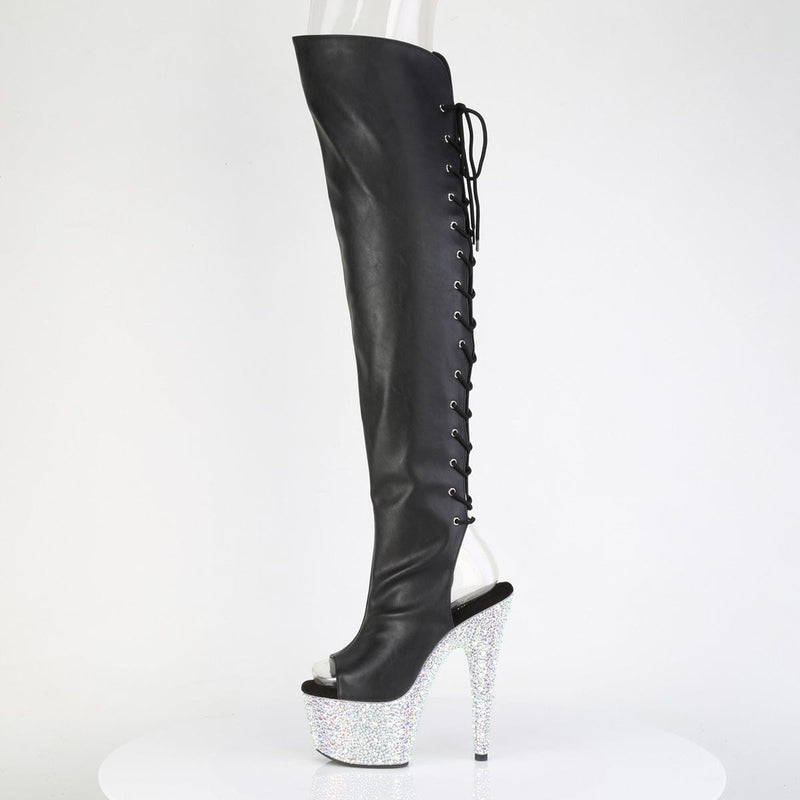 Pleaser BEJEWELED-3019MS-7 Platform Knee High Boot (Black Faux Leather/Silver AB Rhinestone)