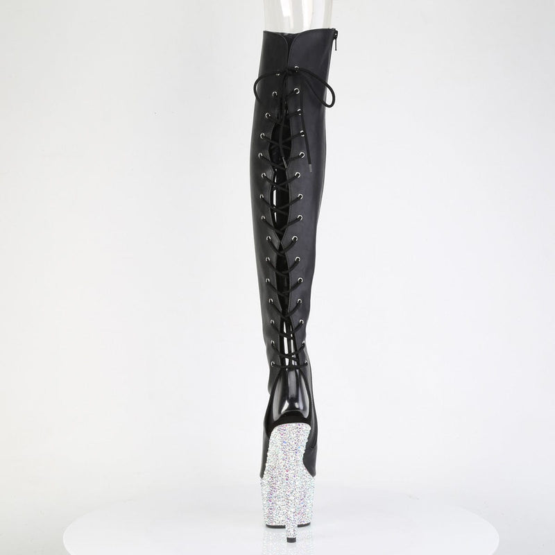 Pleaser BEJEWELED-3019MS-7 Platform Knee High Boot (Black Faux Leather/Silver AB Rhinestone)
