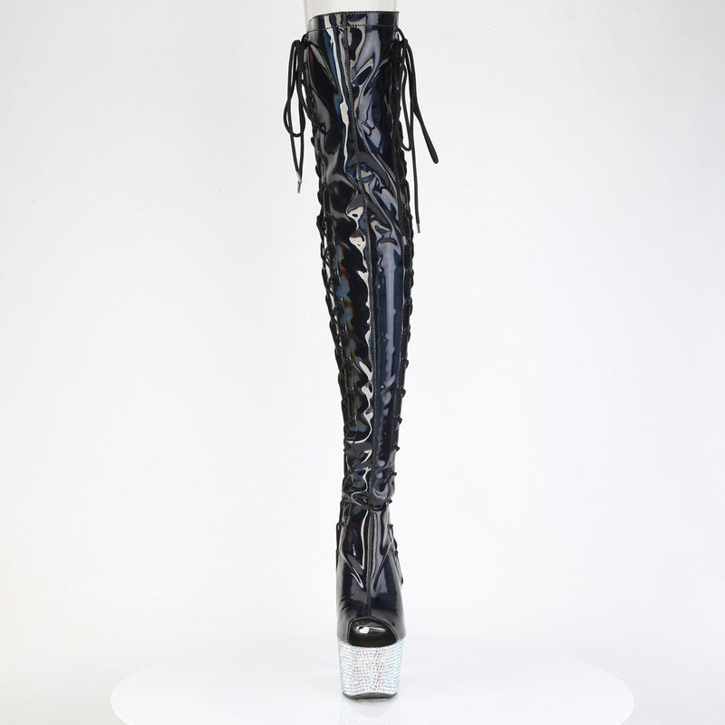 Pleaser BEJEWELED-3052HG-7 Platform Thigh High Boot (Black Holo Patent/Silver Multi Rhinestone)