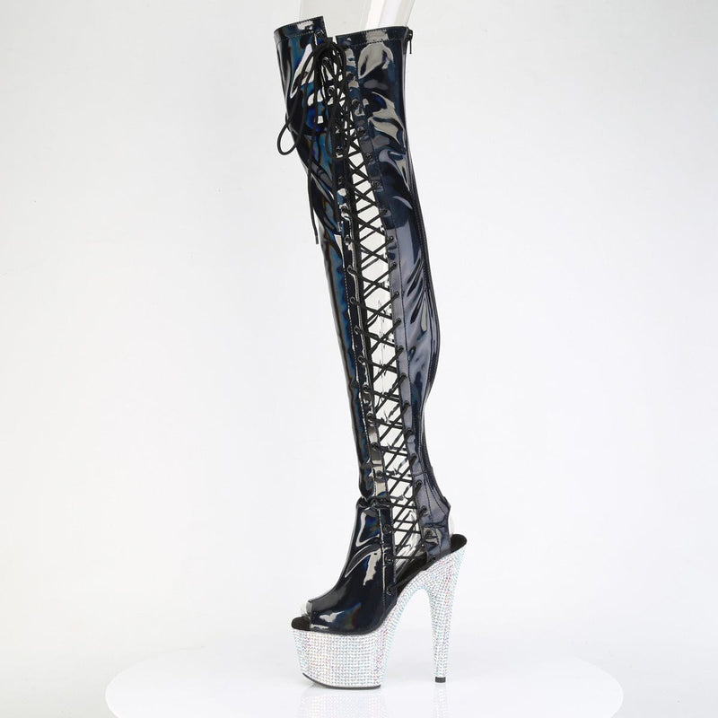 Pleaser BEJEWELED-3052HG-7 Platform Thigh High Boot (Black Holo Patent/Silver Multi Rhinestone)