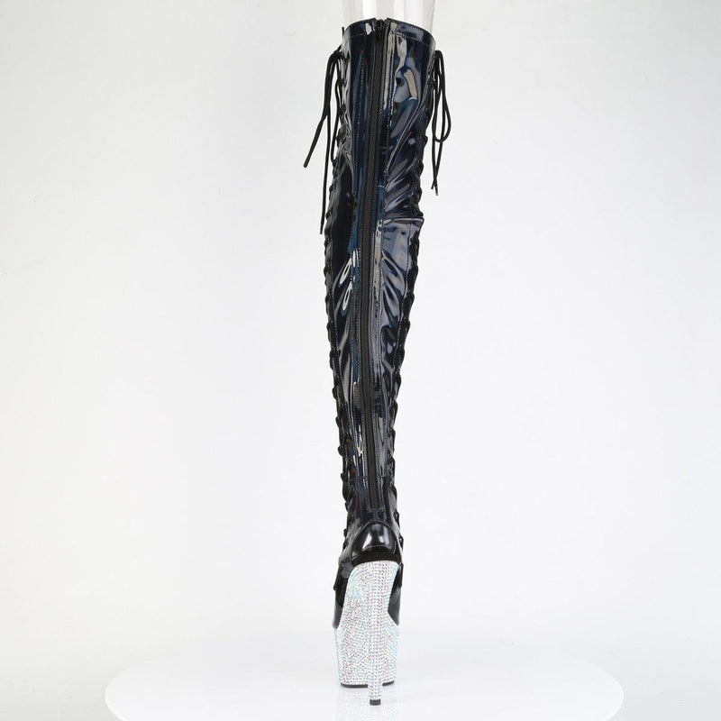 Pleaser BEJEWELED-3052HG-7 Platform Thigh High Boot (Black Holo Patent/Silver Multi Rhinestone)