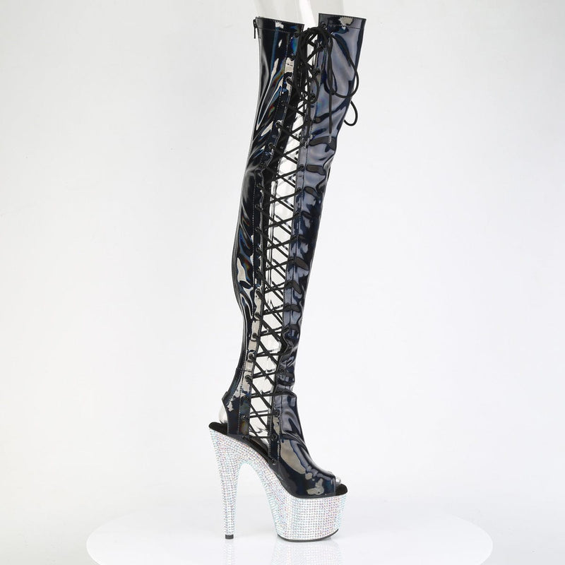 Pleaser BEJEWELED-3052HG-7 Platform Thigh High Boot (Black Holo Patent/Silver Multi Rhinestone)