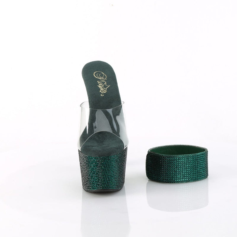 Pleaser BEJEWELED-712RS Platform Slide (Clear/Emerald Green Rhinestone)