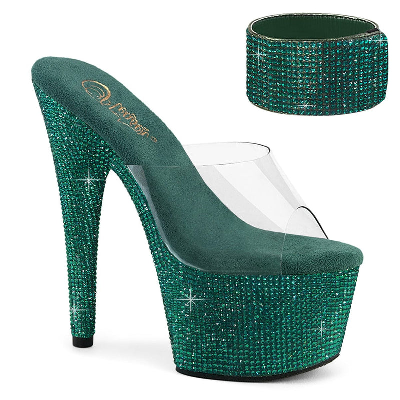 Pleaser BEJEWELED-712RS Platform Slide (Clear/Green Rhinestone)