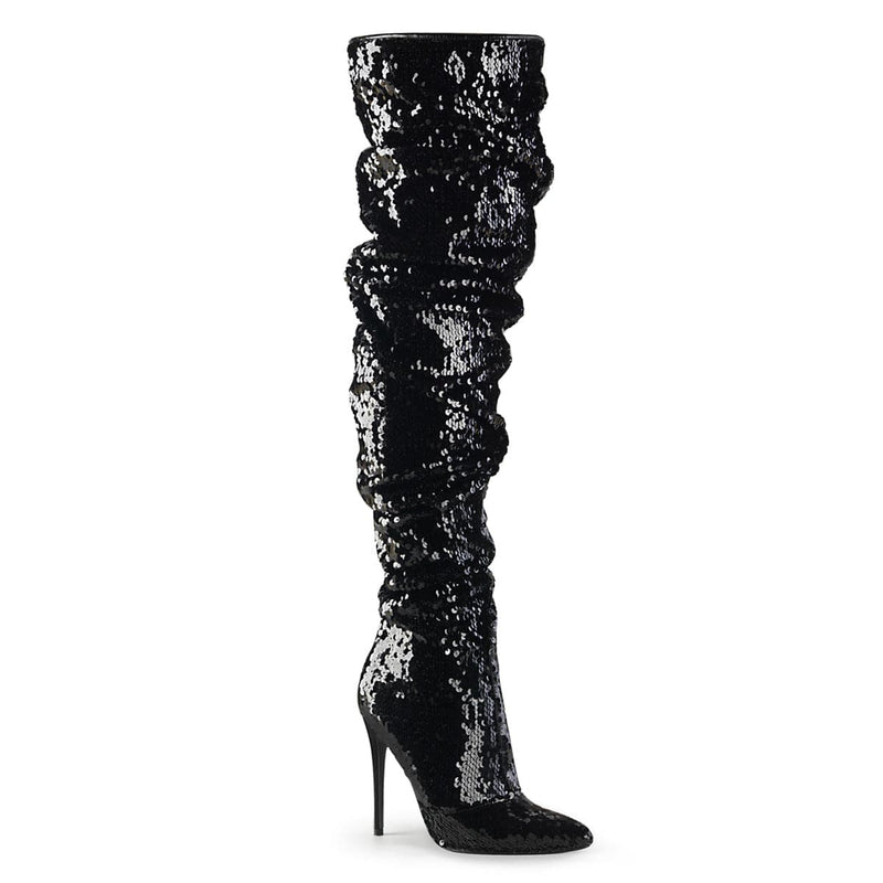 Pleaser COURTLY-3011 Thigh High Boot (Black Sequins)