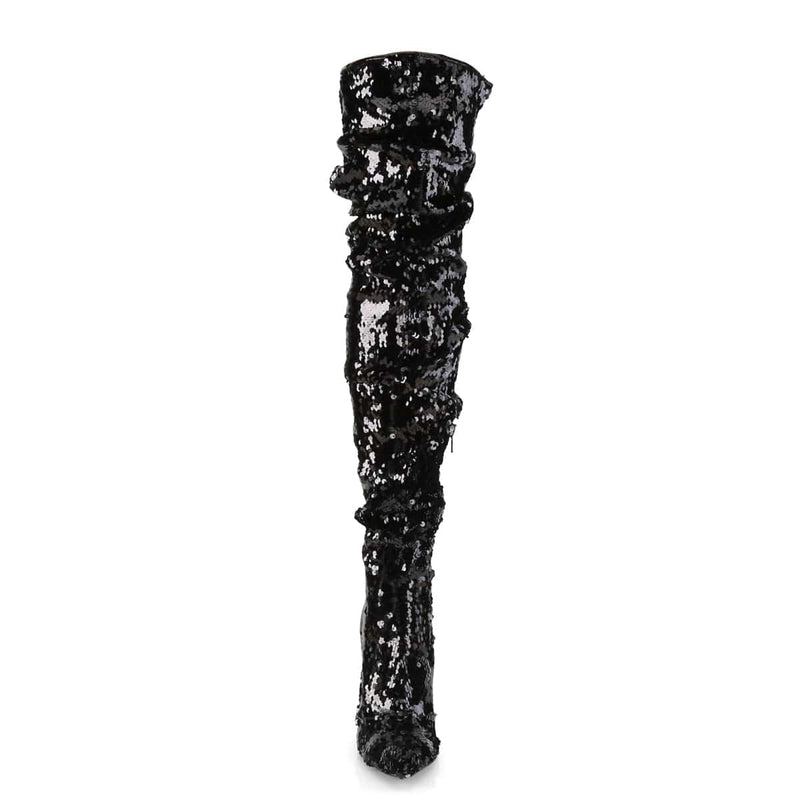 Pleaser COURTLY-3011 Thigh High Boot (Black Sequins)