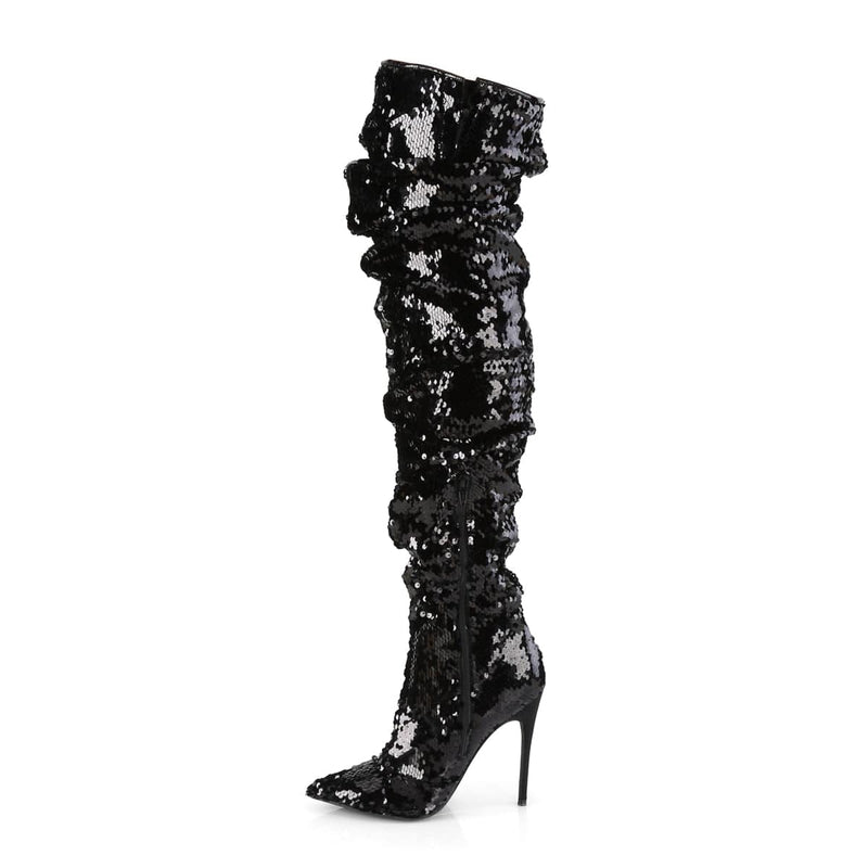 Pleaser COURTLY-3011 Thigh High Boot (Black Sequins)