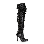 Pleaser COURTLY-3011 Thigh High Boot (Black Sequins)