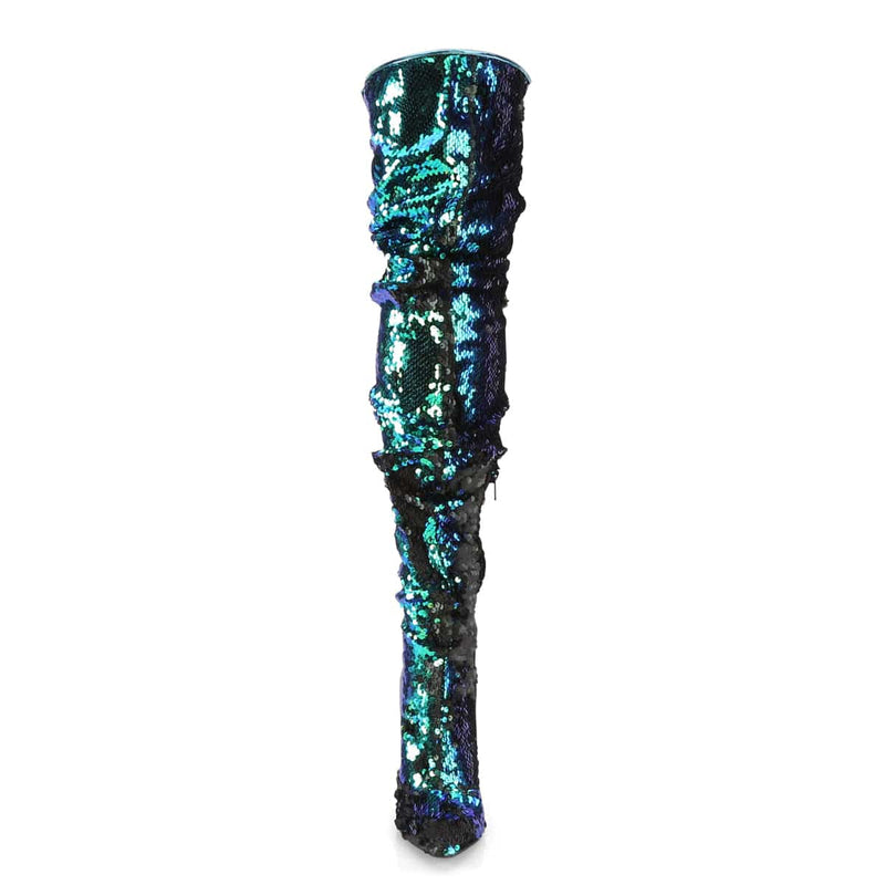 Pleaser COURTLY-3011 Thigh High Boot (Green Iridescent Sequins)