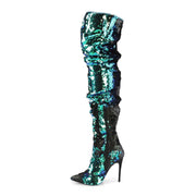 Pleaser COURTLY-3011 Thigh High Boot (Green Iridescent Sequins)