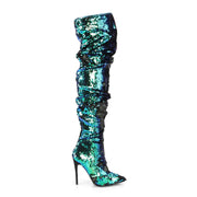 Pleaser COURTLY-3011 Thigh High Boot (Green Iridescent Sequins)