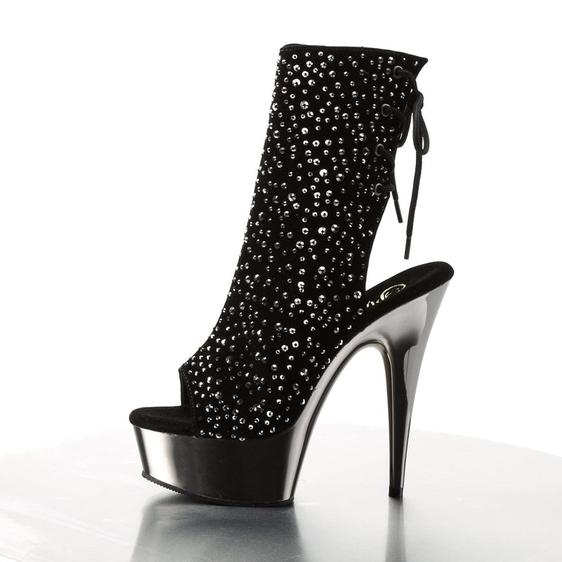Pleaser DELIGHT-1018RS Platform Ankle Boot (Black Velvet-Pewter Rhinestone/ Pewter Chrome)
