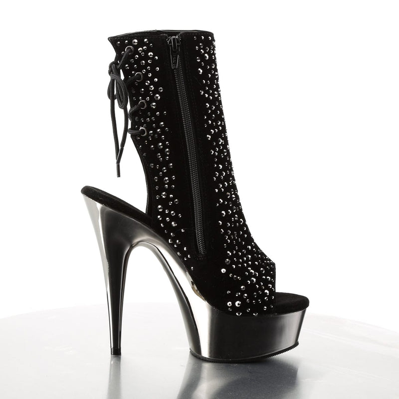Pleaser DELIGHT-1018RS Platform Ankle Boot (Black Velvet-Pewter Rhinestone/ Pewter Chrome)