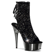 Pleaser DELIGHT-1018RS Platform Ankle Boot (Black Velvet-Pewter Rhinestone/ Pewter Chrome)