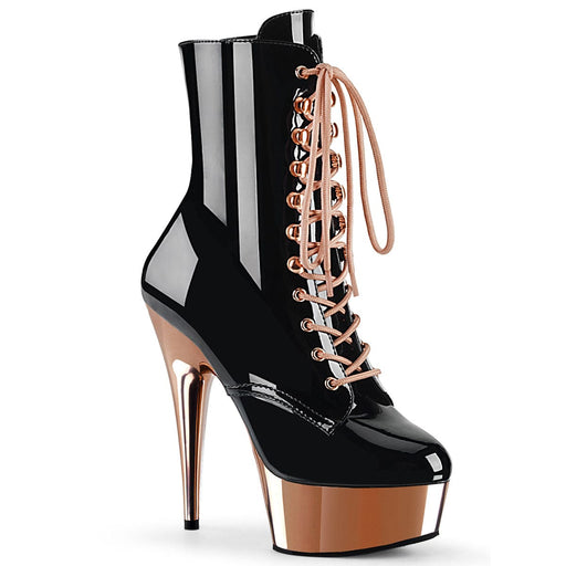Pleaser DELIGHT-1020 Platform Ankle Boot (Black Patent/Rose Gold Chrome)