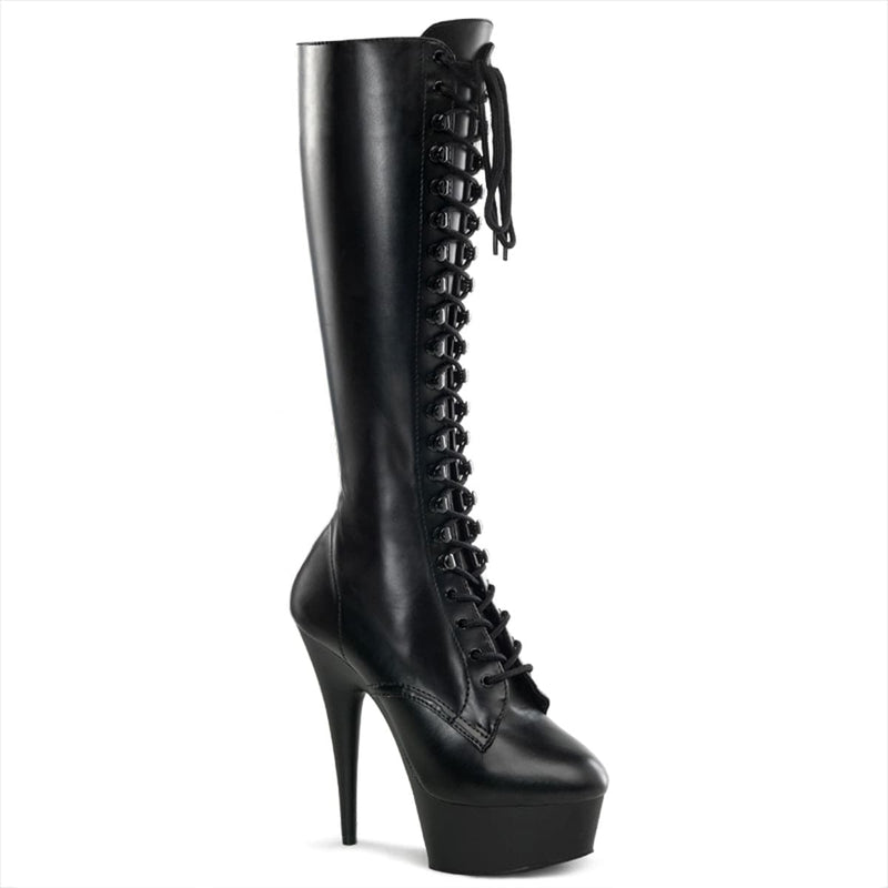 Pleaser DELIGHT-2023 Platform Knee High Boot (Black Stretch Faux Leather/Black Matte)