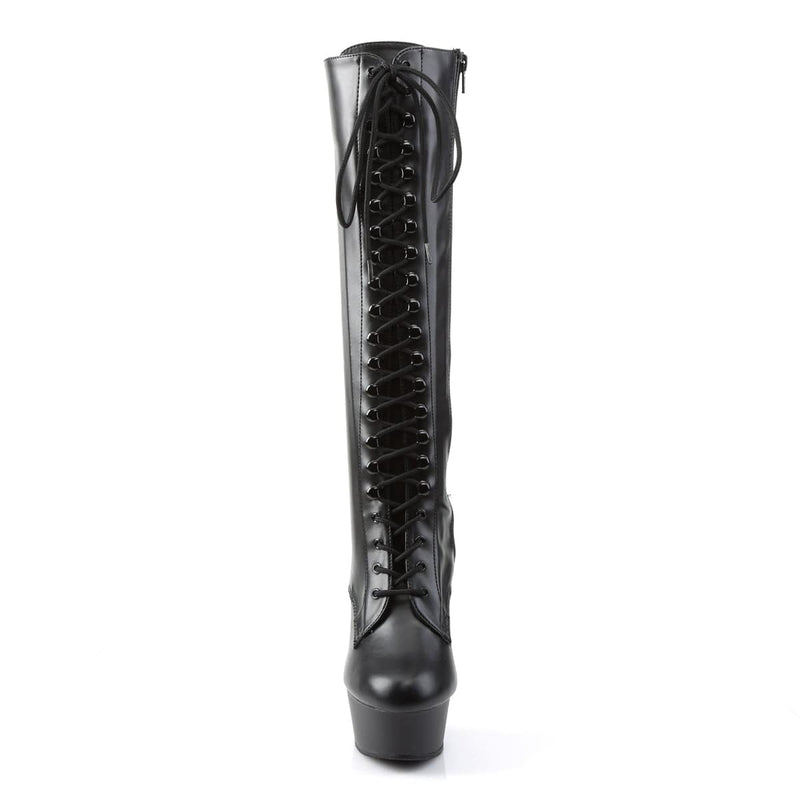 Pleaser DELIGHT-2023 Platform Knee High Boot (Black Stretch Faux Leather/Black Matte)