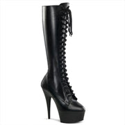 Pleaser DELIGHT-2023 Platform Knee High Boot (Black Stretch Faux Leather/Black Matte)