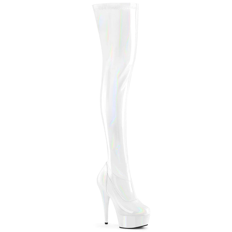 Pleaser DELIGHT-3000HWR Platform Thigh High Boot (White Hologram Patent/M)