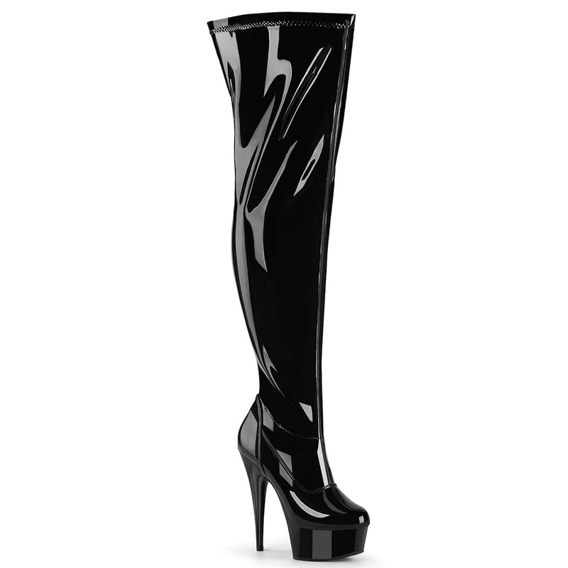 Pleaser DELIGHT-3000WCF Platform Thigh High Boot (Black Stretch Patent/Black)