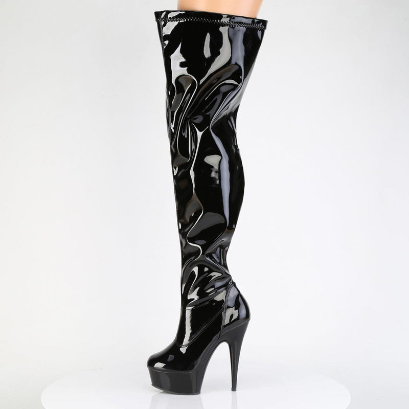 Pleaser DELIGHT-3000WCF Platform Thigh High Boot (Black Stretch Patent/Black)