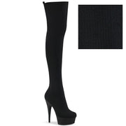 Pleaser DELIGHT-3002-1 Platform Thigh High Boot (Black Stretch Knit Fabric/Black Matte)
