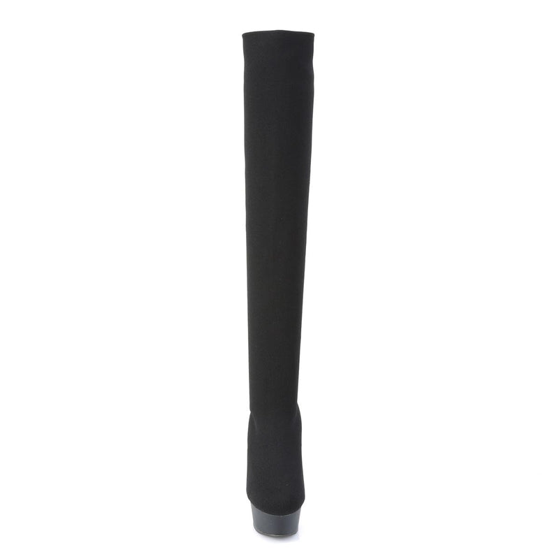 Pleaser DELIGHT-3002-1 Platform Thigh High Boot (Black Stretch Knit Fabric/Black Matte)