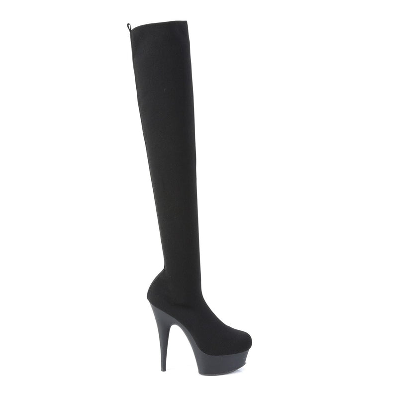 Pleaser DELIGHT-3002-1 Platform Thigh High Boot (Black Stretch Knit Fabric/Black Matte)