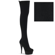 Pleaser DELIGHT-3002-1 Platform Thigh High Boot (Black Stretch Knit Fabric/Black Matte)