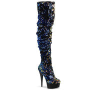 Pleaser DELIGHT-3004 Platform Thigh High Boot (Blue Iridescent Sequins/Black)