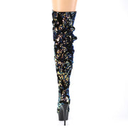 Pleaser DELIGHT-3004 Platform Thigh High Boot (Blue Iridescent Sequins/Black)