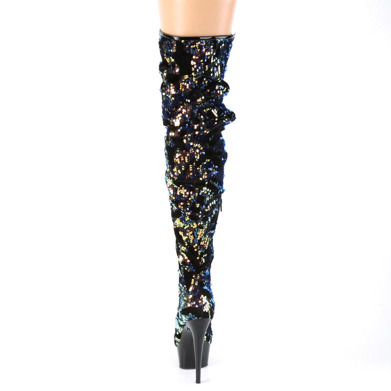 Pleaser DELIGHT-3004 Platform Thigh High Boot (Blue Iridescent Sequins/Black)
